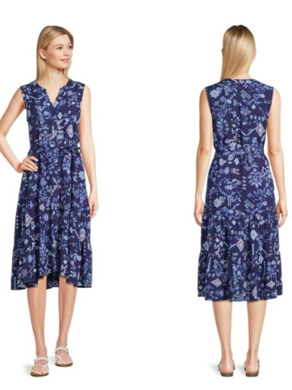 beachlunchlounge Navy and Light Blue Floral-Print Midi Dress